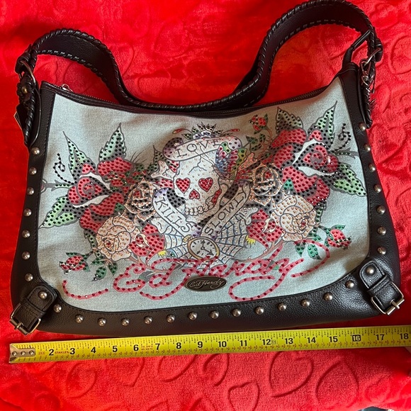Ed Hardy Light Blue and Black Embroidered Skull & Rose Shoulder Bag - Picture 8 of 12